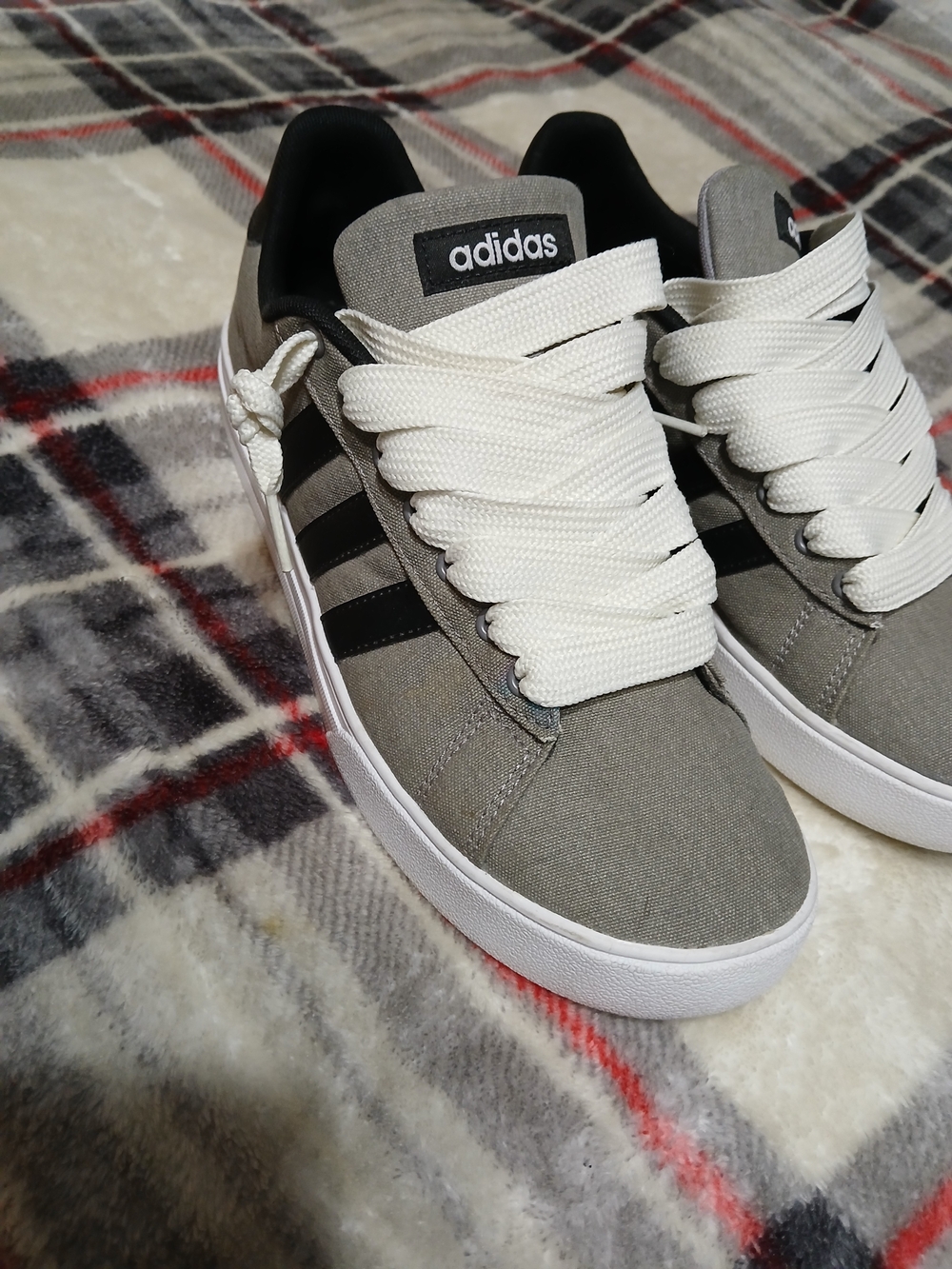 Adidas Daily 2.0, Grey with Black Stripes and Custom Fat White Laces